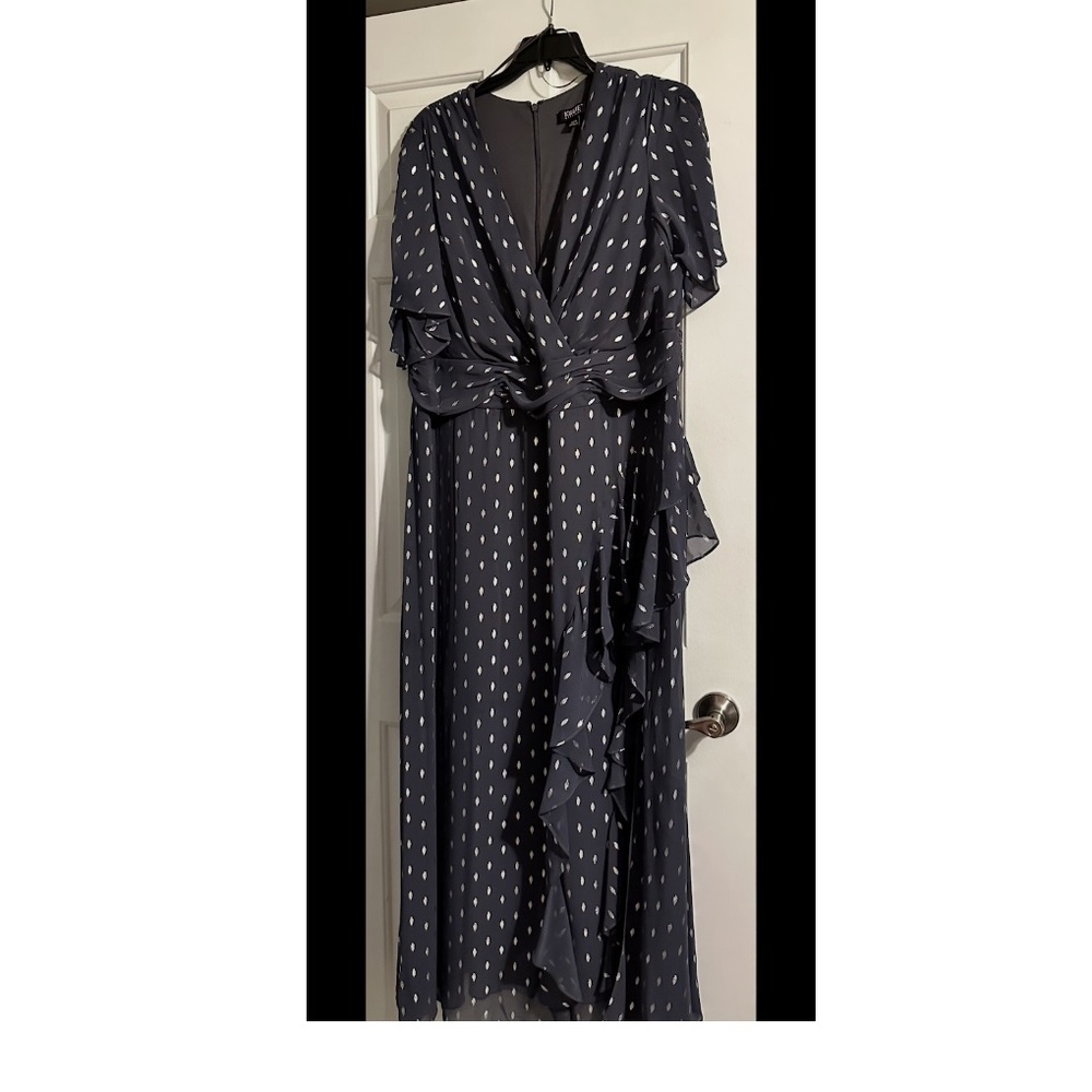 Ignite Evenings dress 22W Cascade Ruffle Chiffon silver Foil in Steele Blue NEW